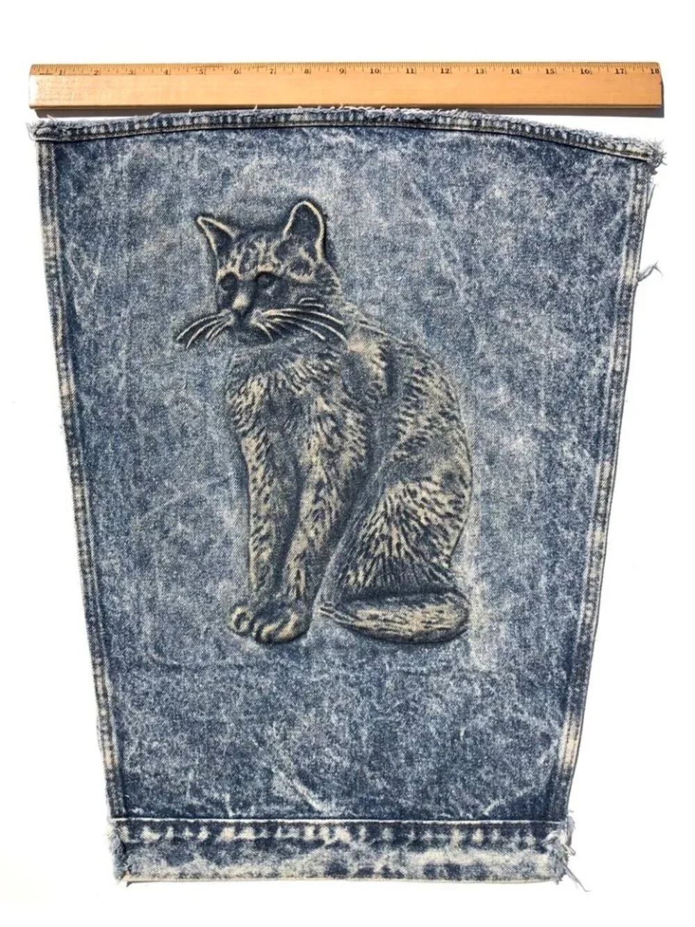 Vintage 90s TYCA 3D Embossed Denim Jacket Cut Panel Piece Cat Art DIY Craft USA